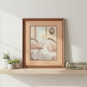 1984 Vintage Coquette Framed‎ Art Girl Reading Victorian Style Home Decor 1984